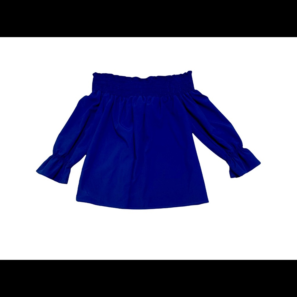 Off the shoulder blue top with bow on back